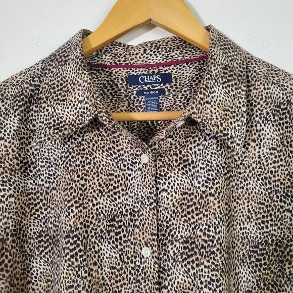 Chaps Women's Top 2X Brown Cheetah Print Button Up Classic Business No Iron - Picture 2 of 10